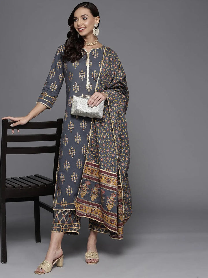 Grey Printed Cotton Straight Suit Set - Libas