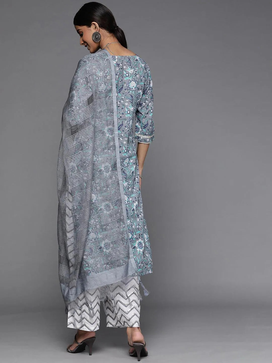 Grey Printed Cotton Suit Set - Libas 