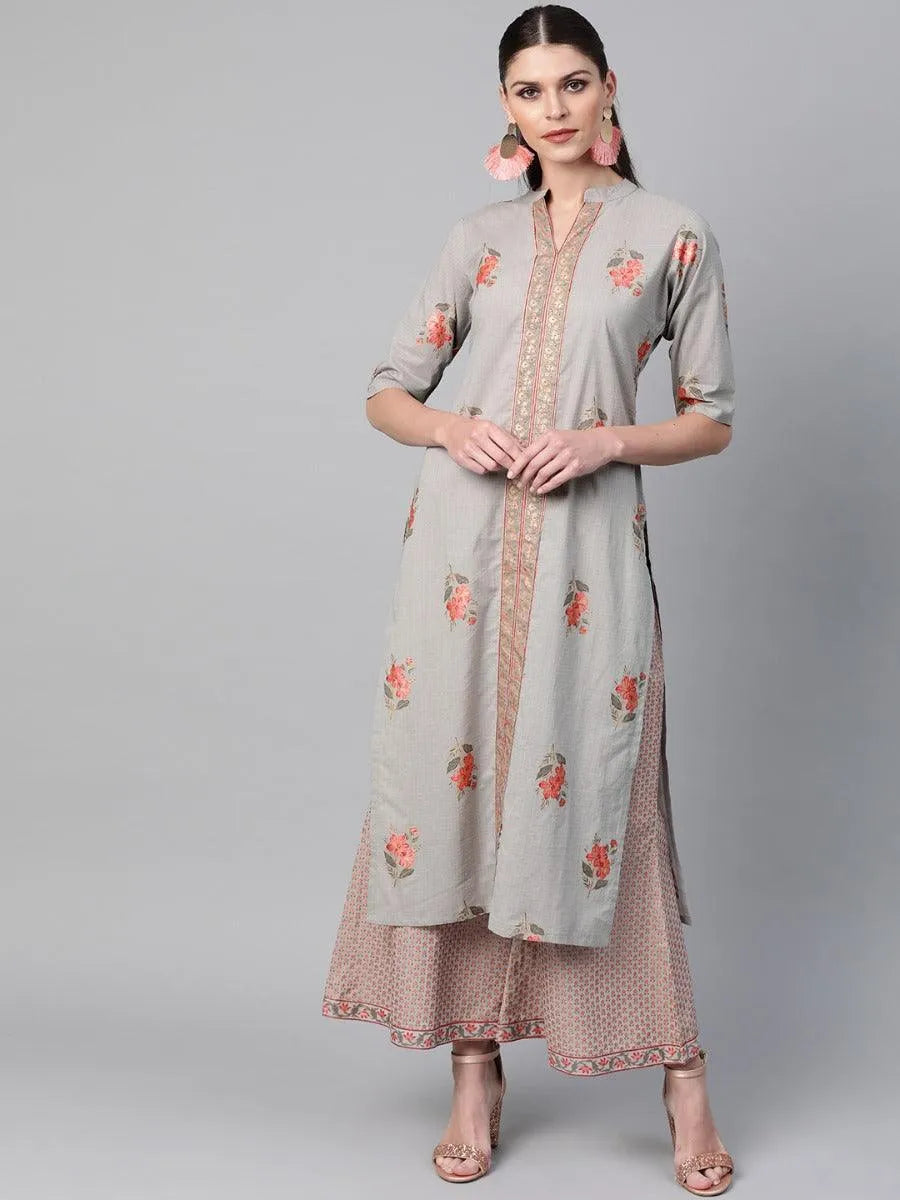 Grey Printed Cotton Kurta Set - Libas 