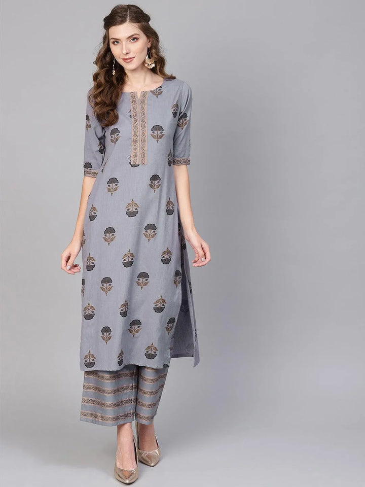 Grey Printed Cotton Kurta Set - Libas