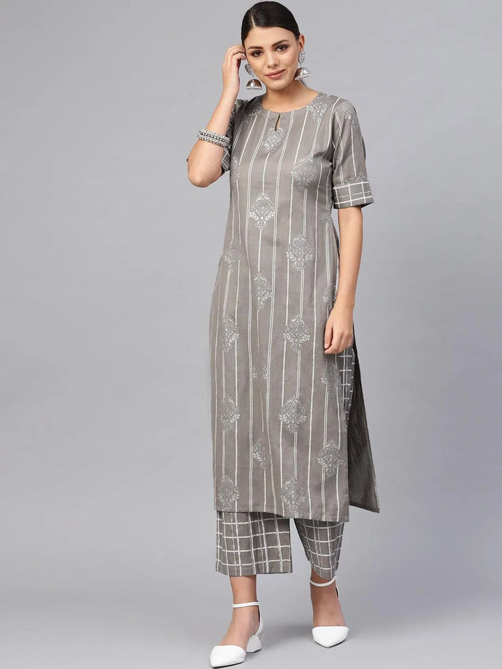 Grey Printed Cotton Kurta Set - Libas