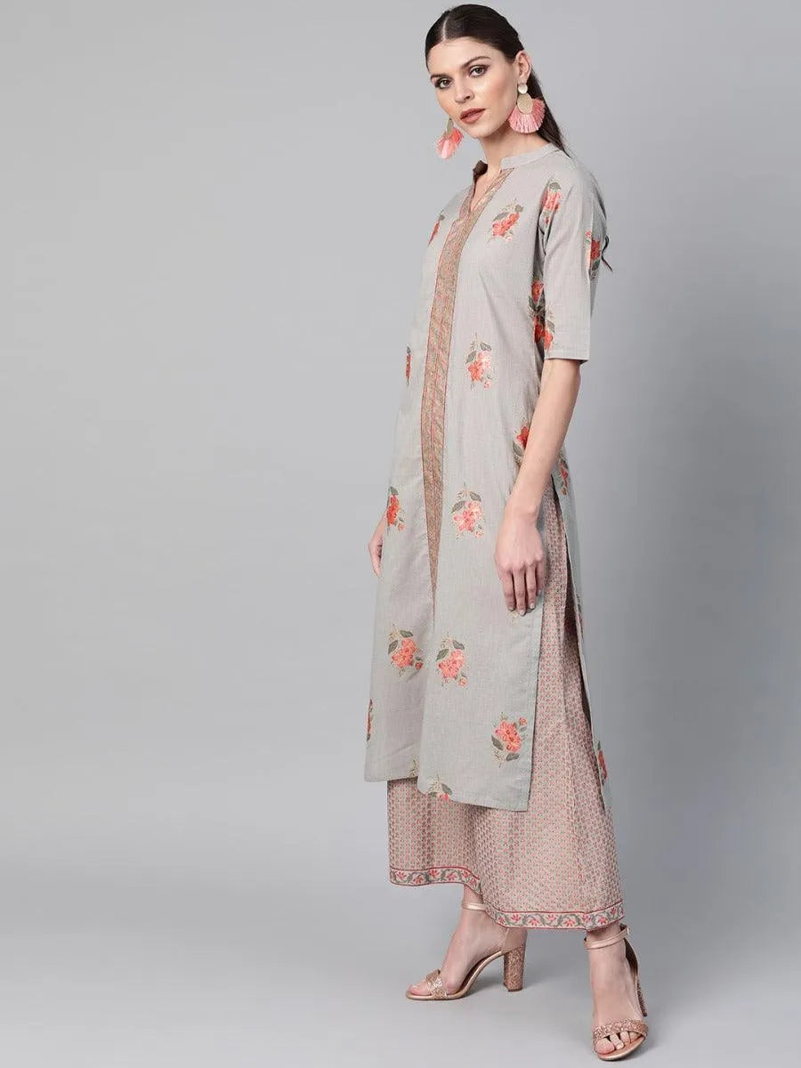 Grey Printed Cotton Kurta Set - Libas 