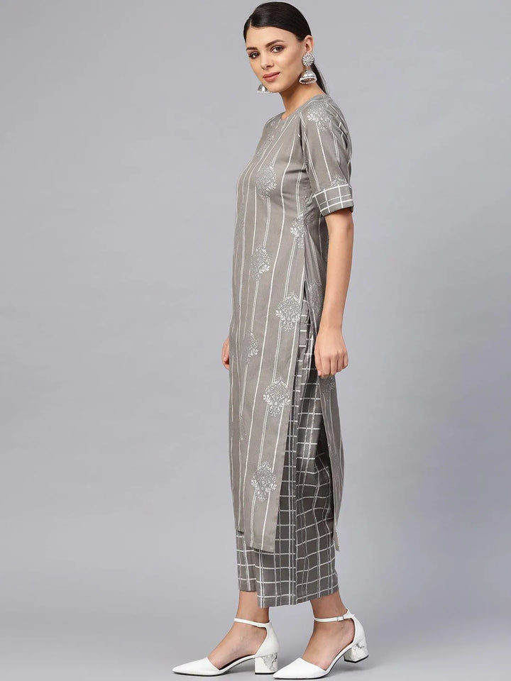 Grey Printed Cotton Kurta Set - Libas