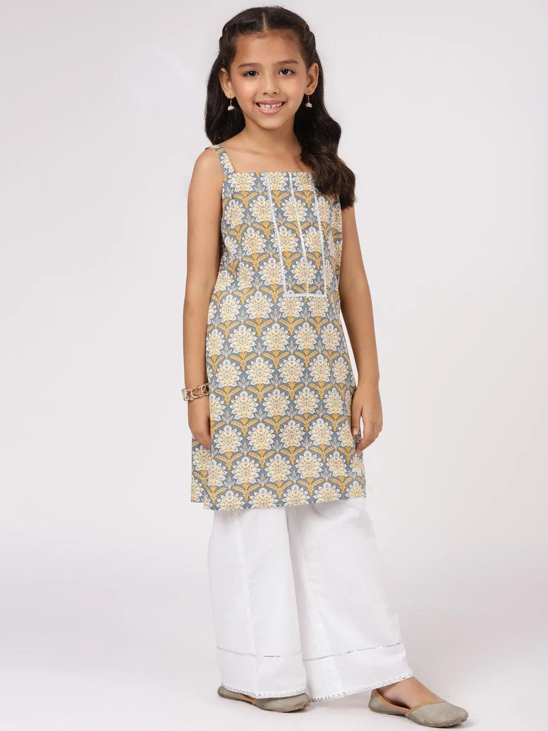 Grey Printed Cotton Straight Kurta Set - Libas 