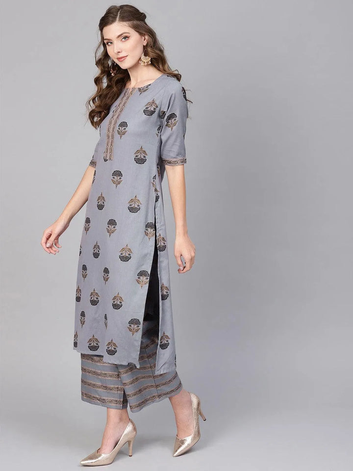 Grey Printed Cotton Kurta Set - Libas