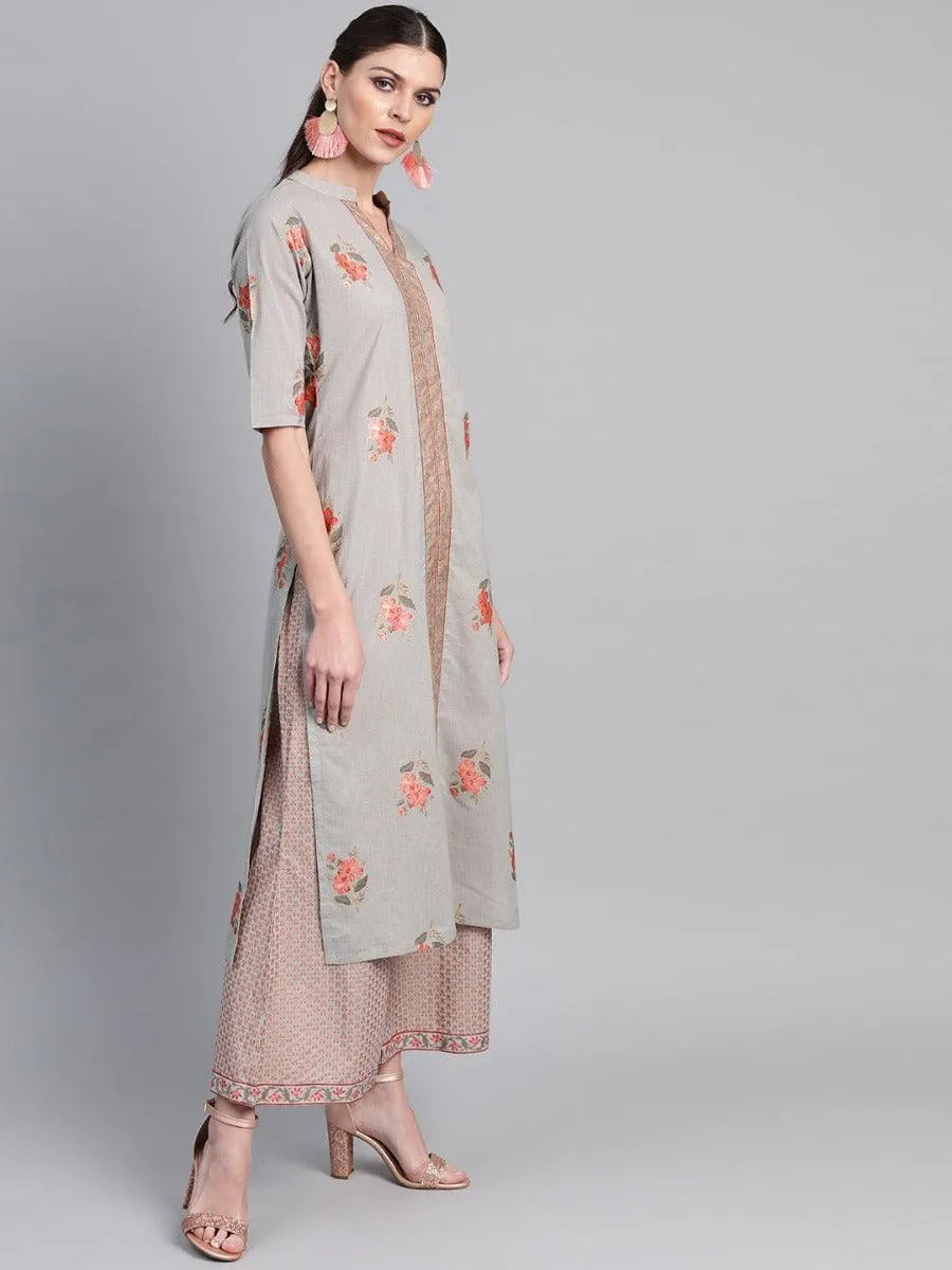 Grey Printed Cotton Kurta Set - Libas