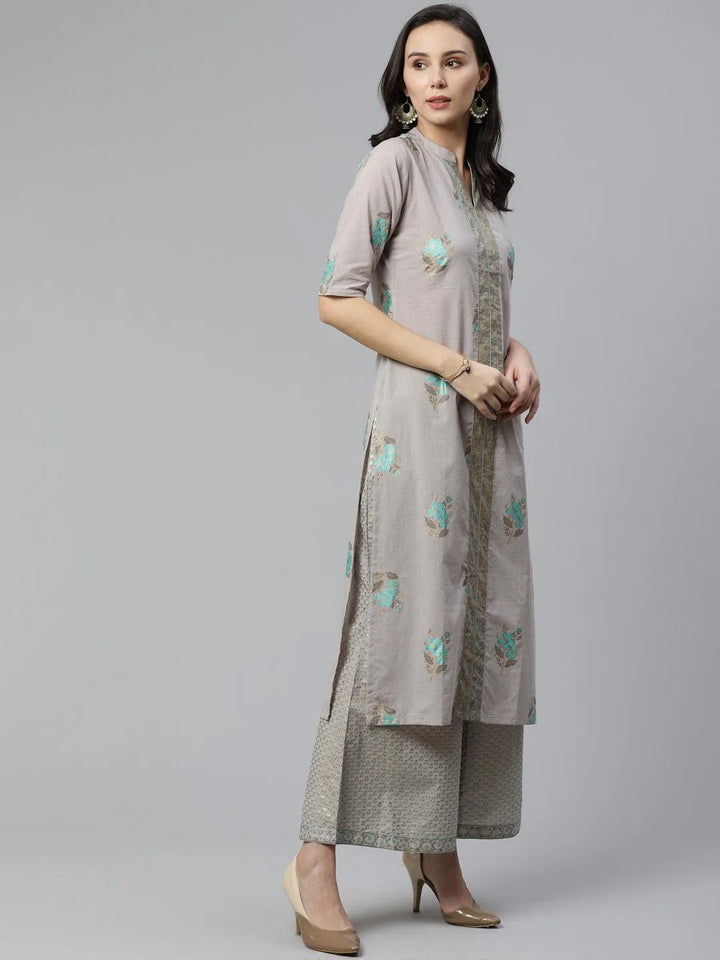 Grey Printed Cotton Kurta Set - Libas