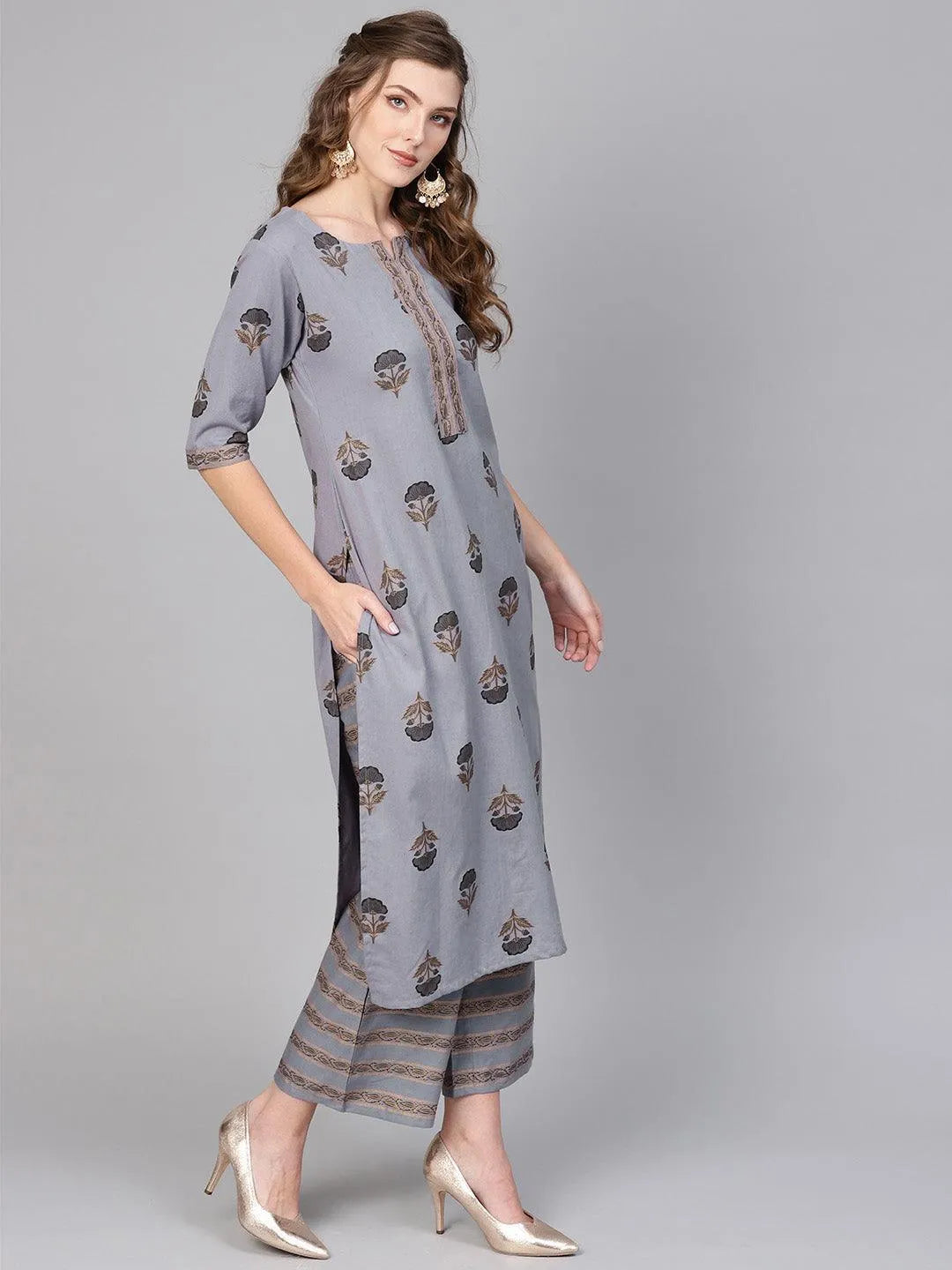 Grey Printed Cotton Kurta Set - Libas