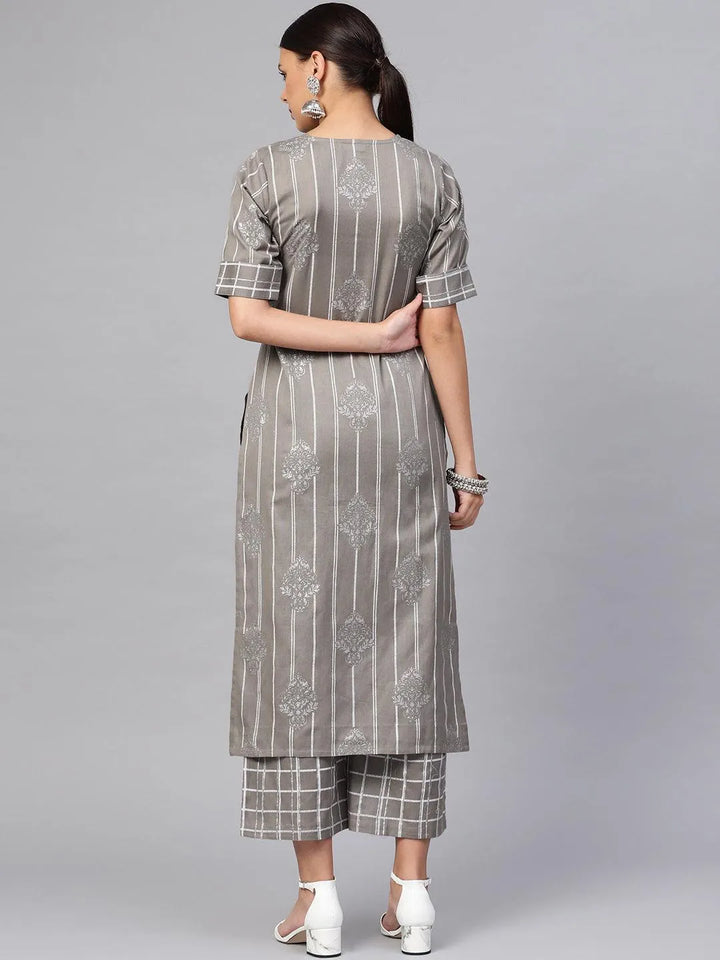 Grey Printed Cotton Kurta Set - Libas