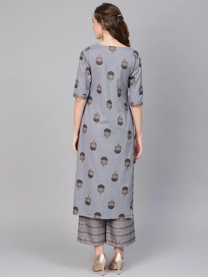 Grey Printed Cotton Kurta Set - Libas