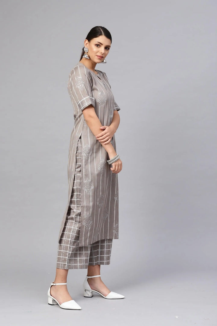 Grey Printed Cotton Kurta Set - Libas