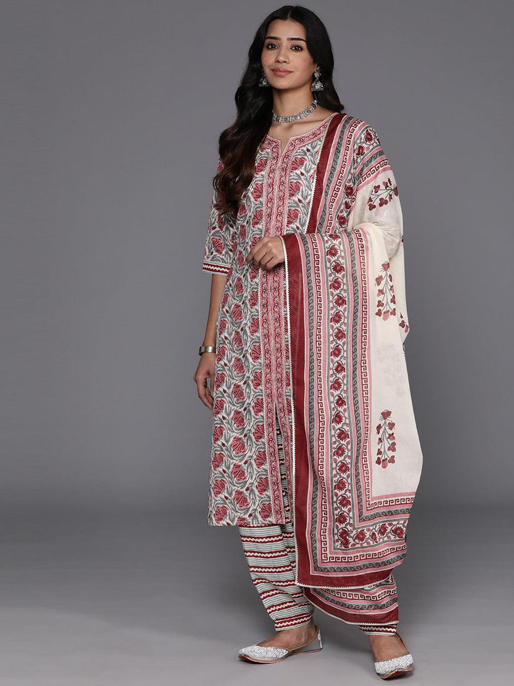 Grey Printed Cotton Straight Kurta With Salwar & Dupatta - Libas