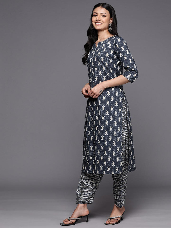 Grey Printed Cotton Straight Suit Set With Salwar - Libas