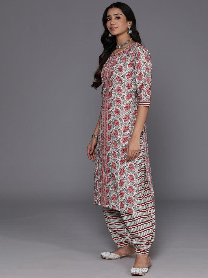 Grey Printed Cotton Straight Kurta With Salwar & Dupatta - Libas