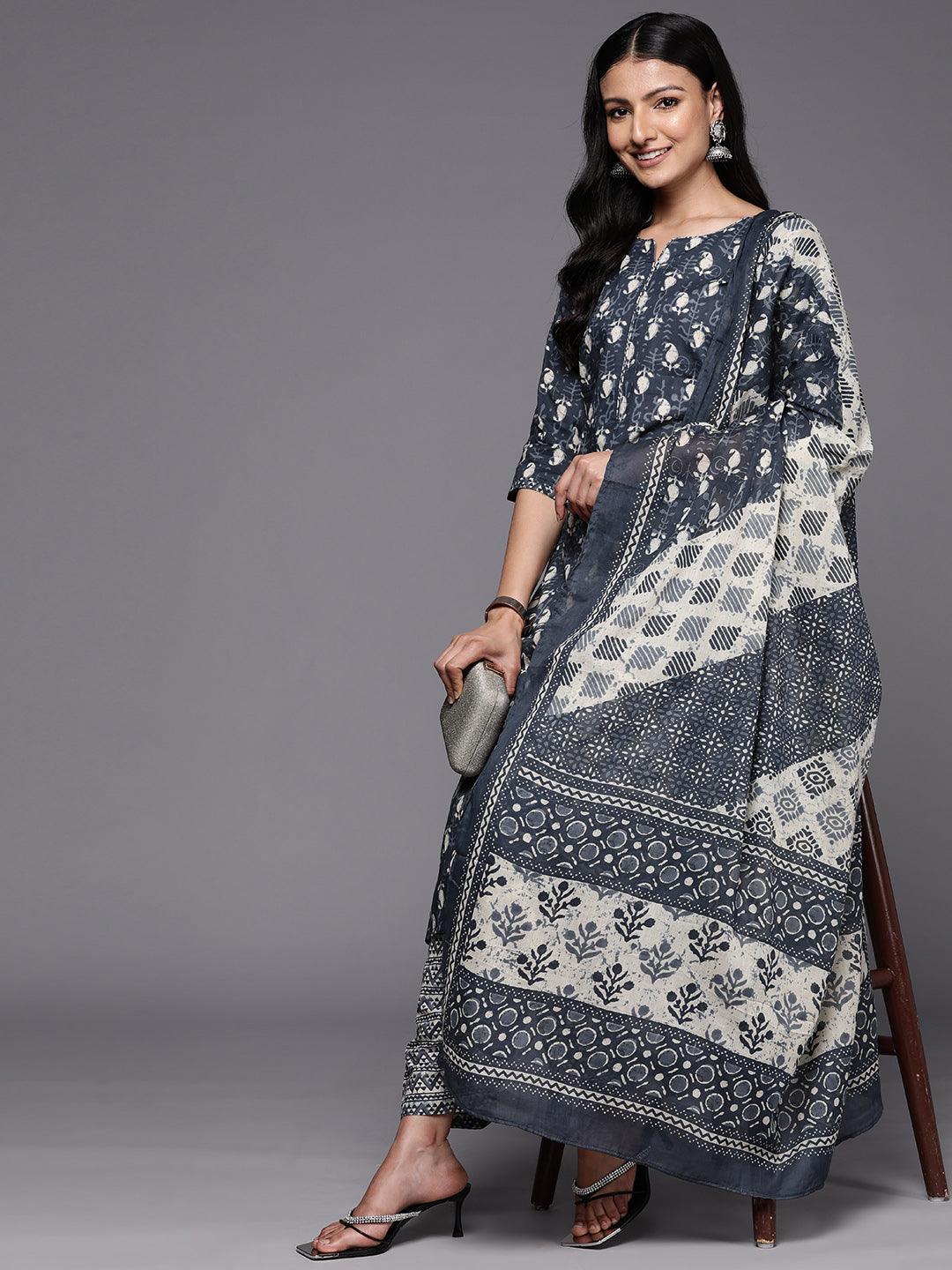 Grey Printed Cotton Straight Suit Set With Salwar - Libas 