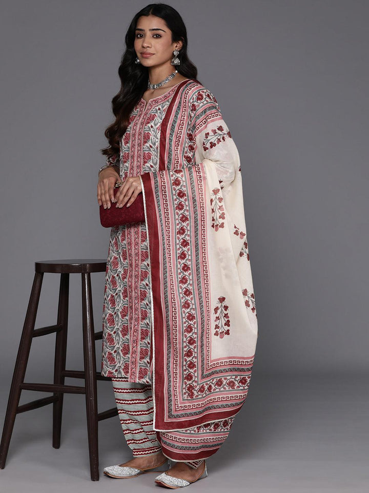 Grey Printed Cotton Straight Kurta With Salwar & Dupatta - Libas