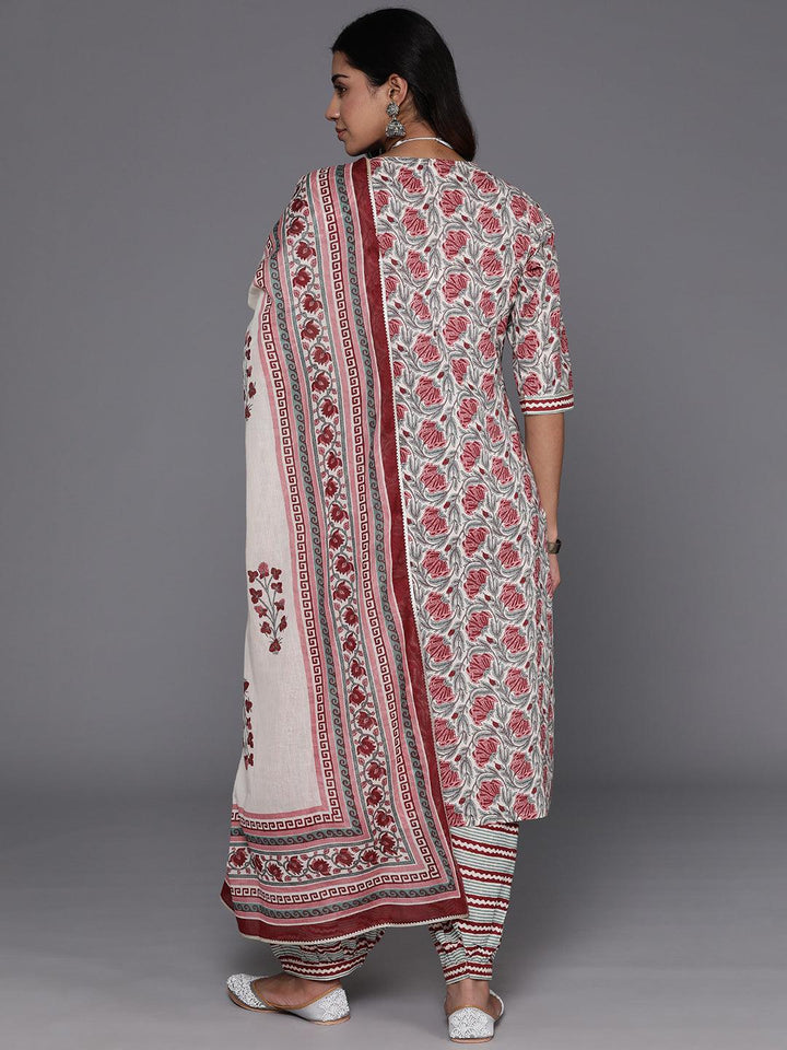 Grey Printed Cotton Straight Kurta With Salwar & Dupatta - Libas