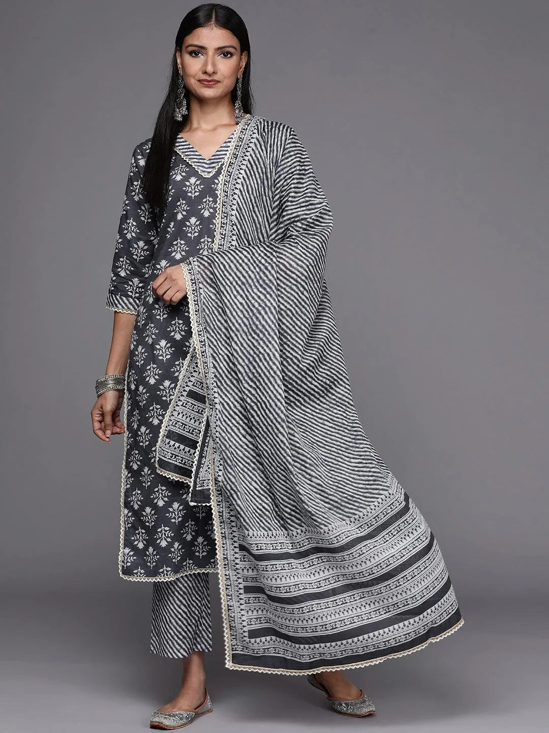 Grey Printed Cotton Straight Suit Set - Libas