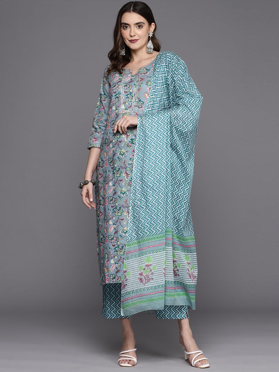 Grey Printed Cotton Straight Kurta With Trousers & Dupatta - Libas