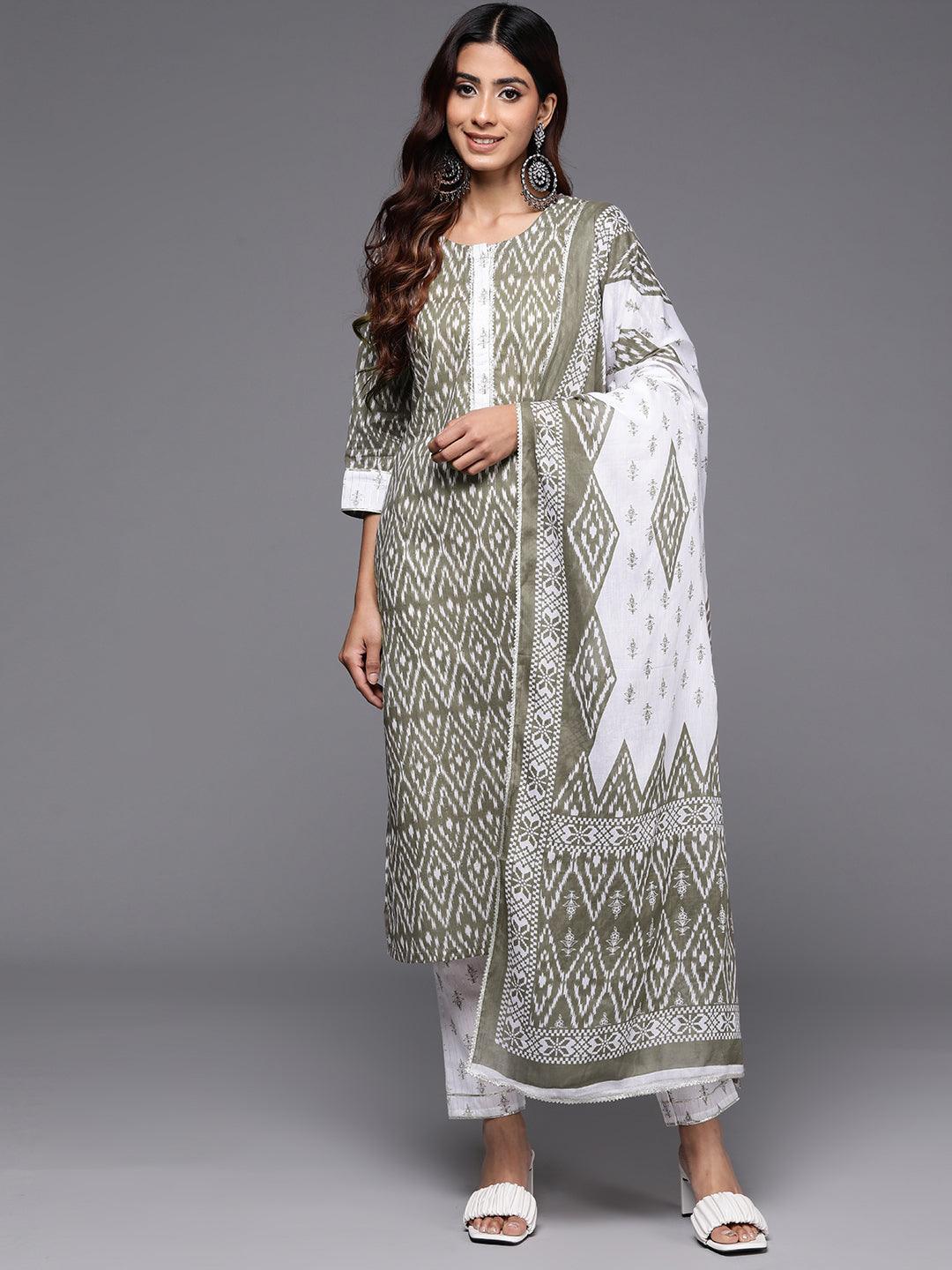 Grey Printed Cotton Straight Kurta With Trousers & Dupatta - Libas