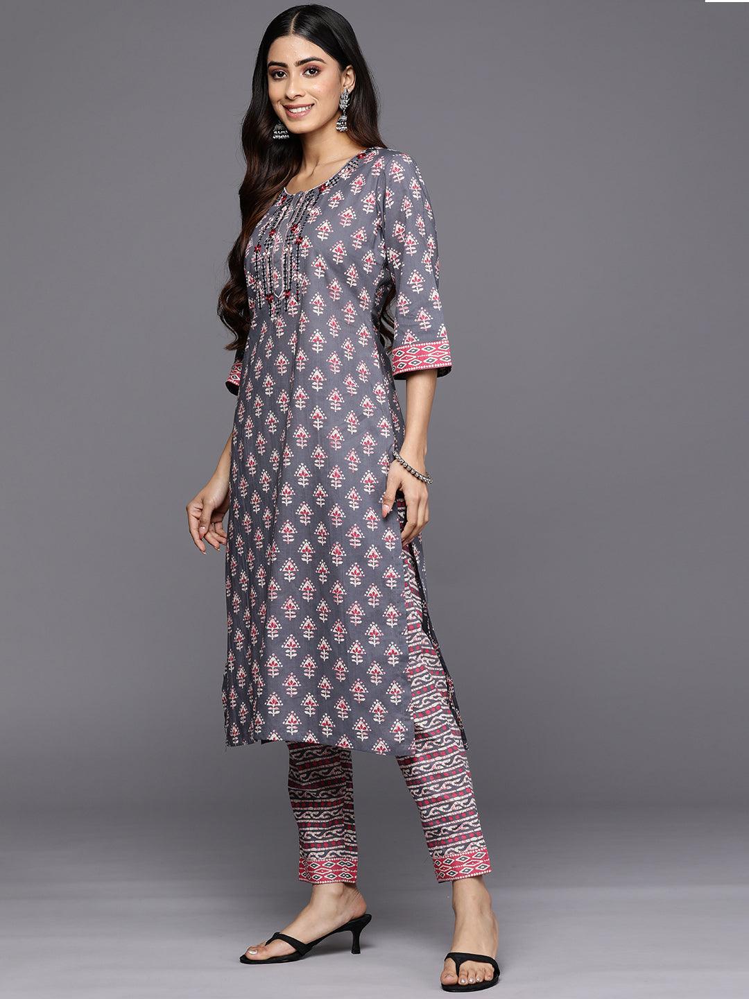 Grey Printed Cotton Straight Suit Set With Trousers - Libas