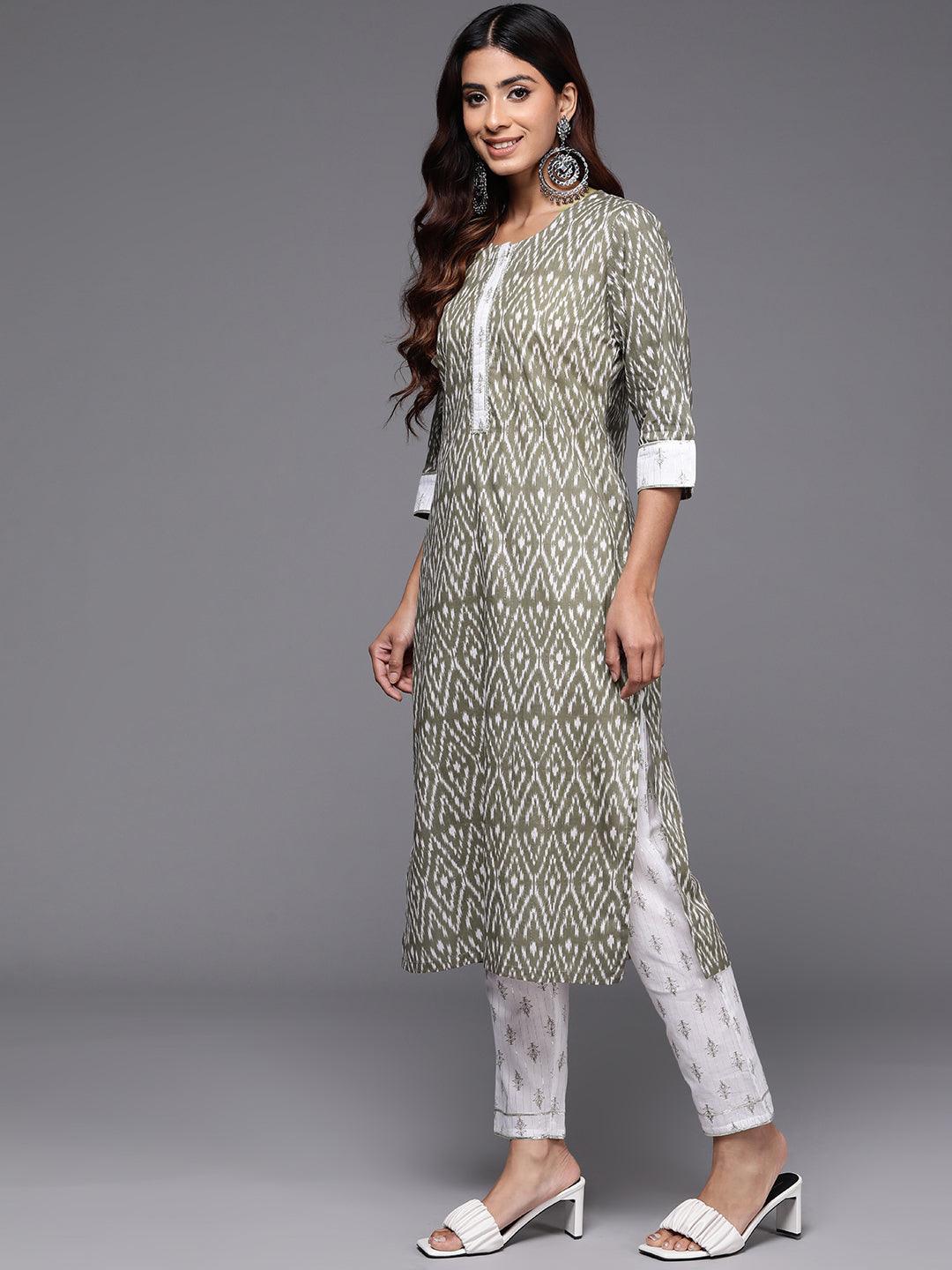 Grey Printed Cotton Straight Kurta With Trousers & Dupatta - Libas