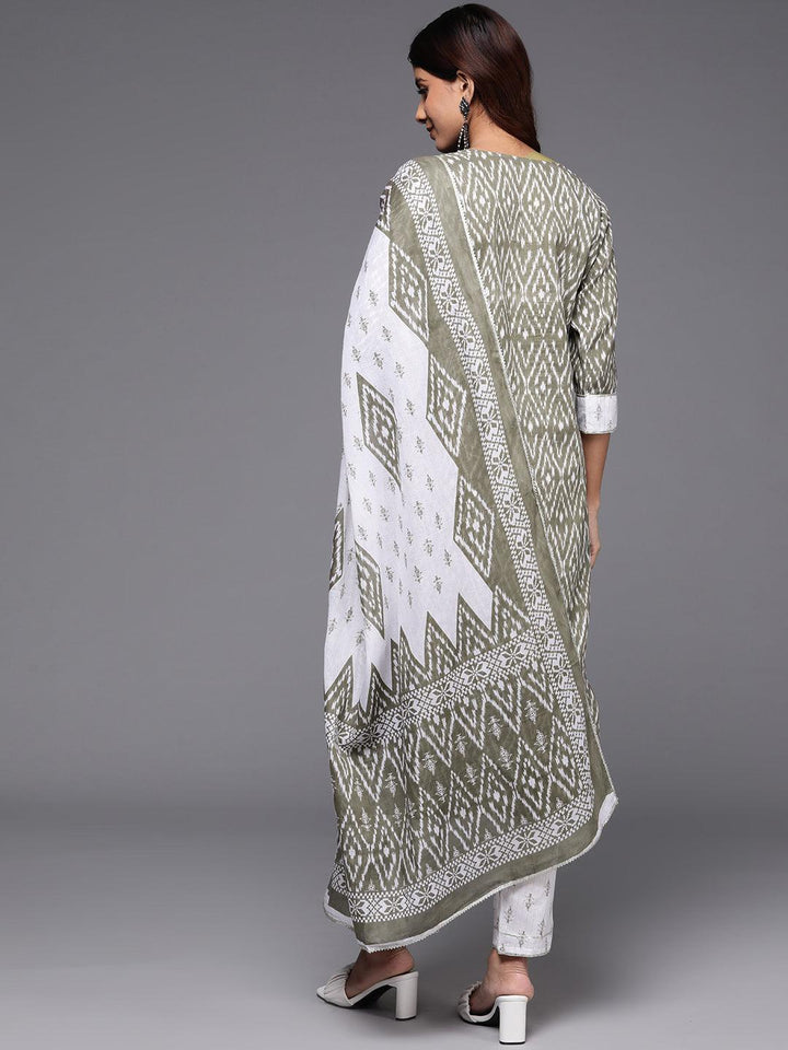 Grey Printed Cotton Straight Kurta With Trousers & Dupatta - Libas