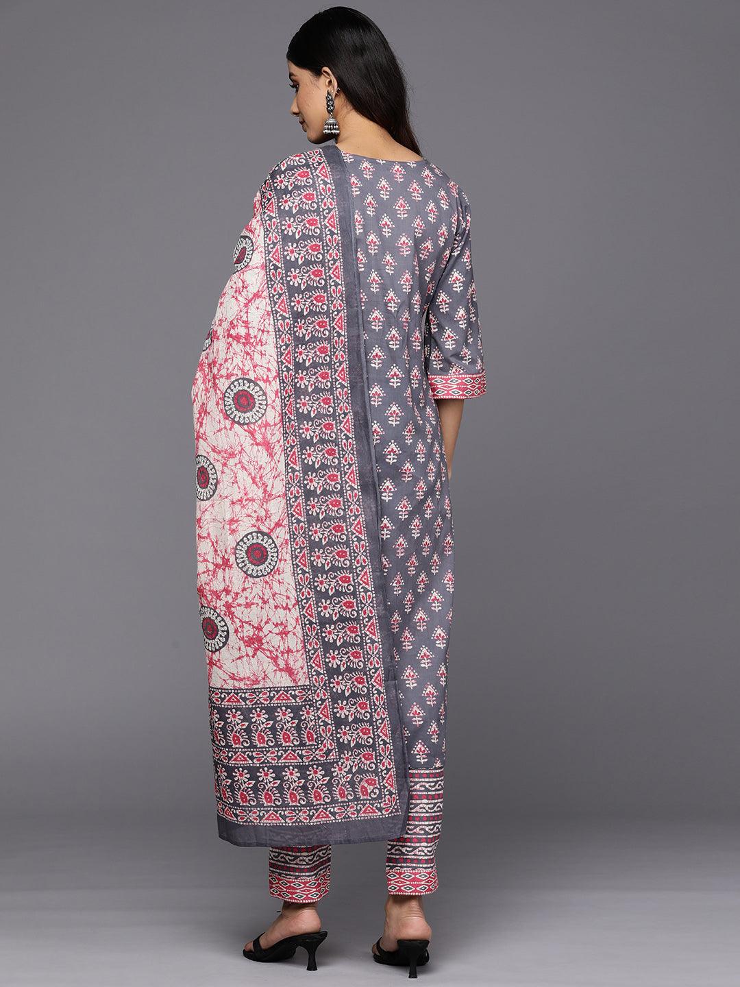 Grey Printed Cotton Straight Suit Set With Trousers - Libas