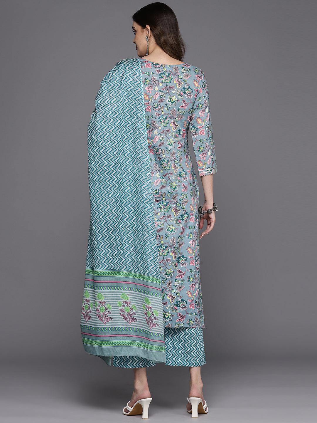 Grey Printed Cotton Straight Kurta With Trousers & Dupatta - Libas