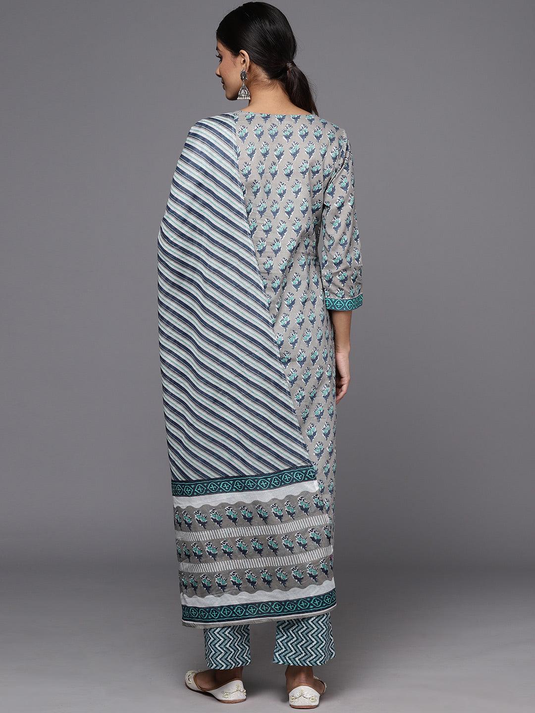 Grey Printed Cotton Straight Kurta With Trousers & Dupatta - Libas