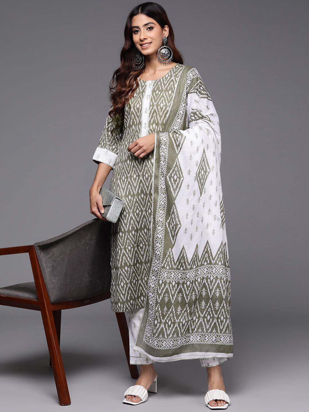 Grey Printed Cotton Straight Kurta With Trousers & Dupatta - Libas