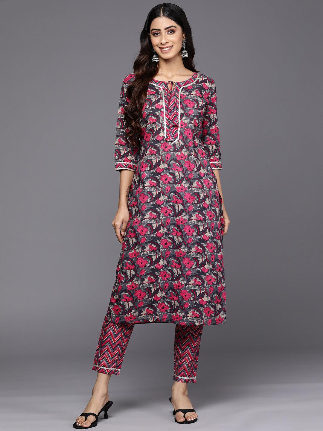 Grey Printed Cotton Straight Kurta Set With Trousers - Libas 