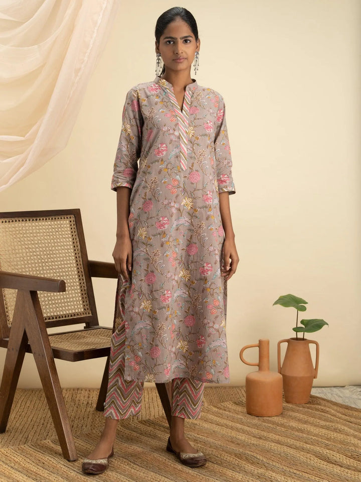 Grey Printed Cotton Kurta Set - Libas