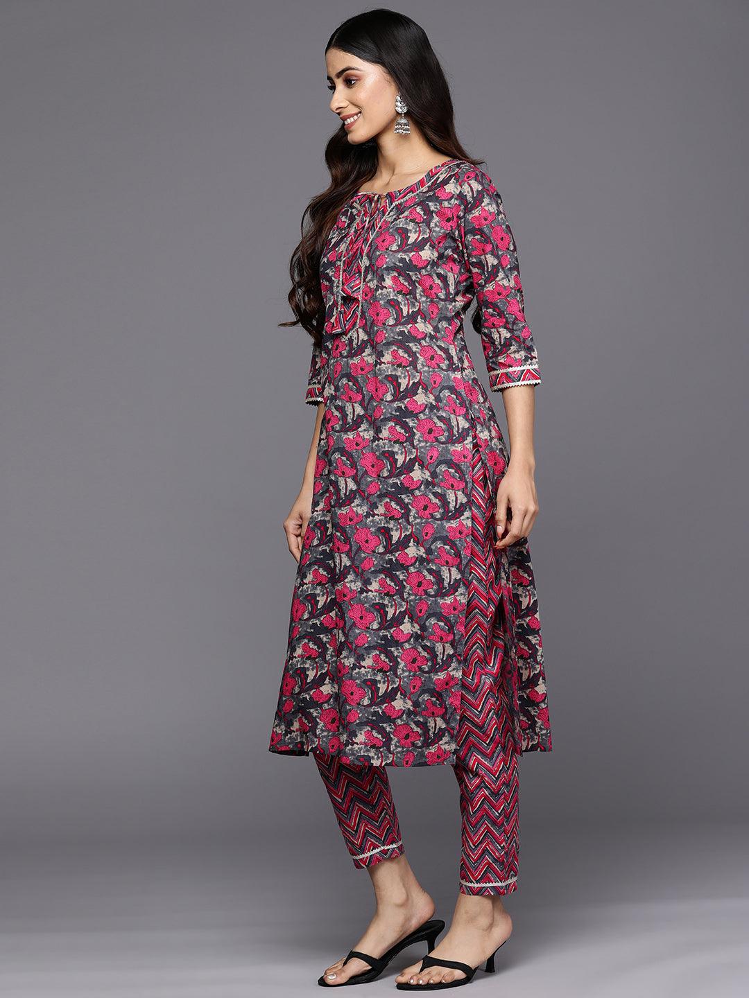 Grey Printed Cotton Straight Kurta Set With Trousers - Libas 