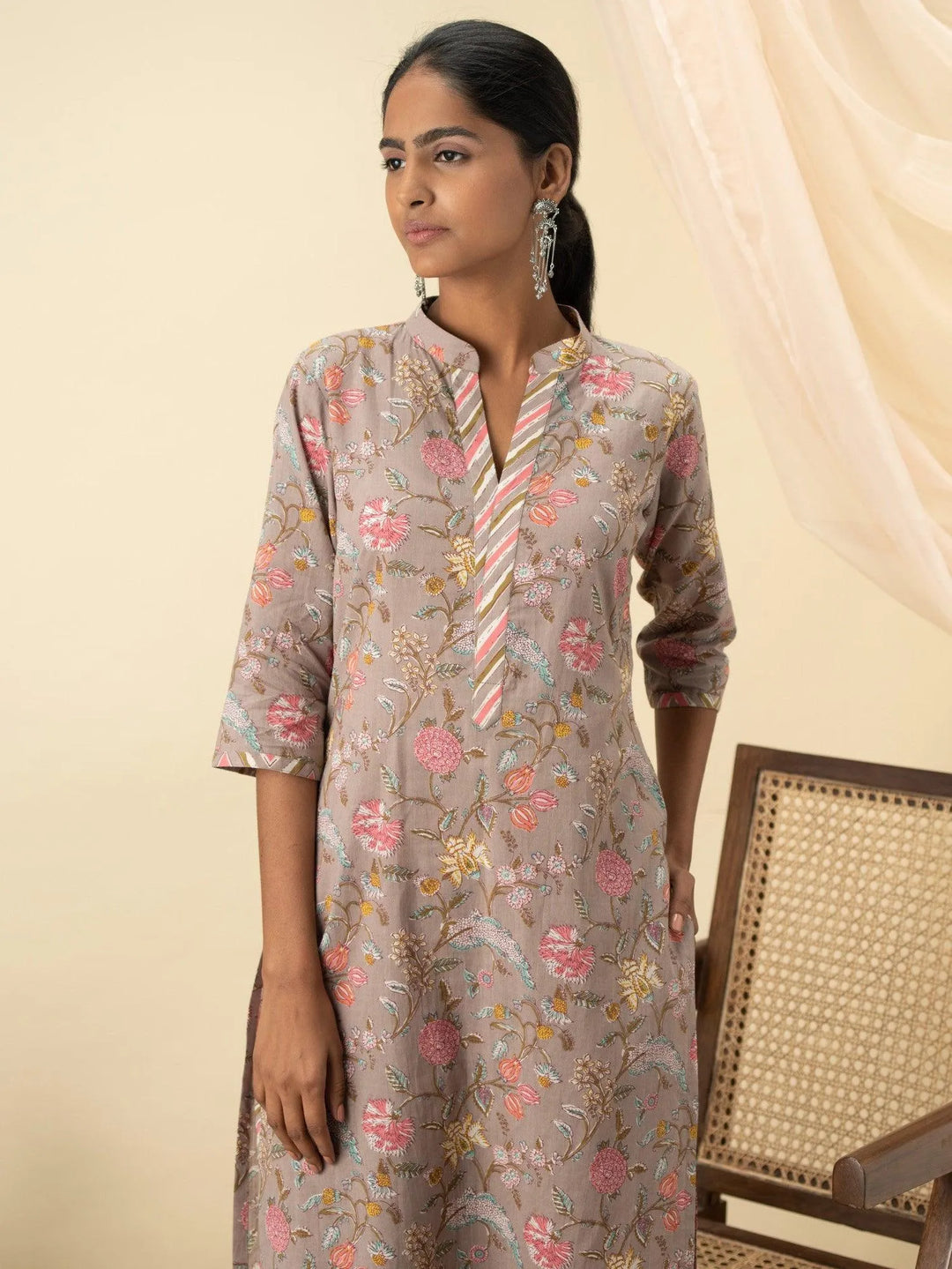 Grey Printed Cotton Kurta Set - Libas 