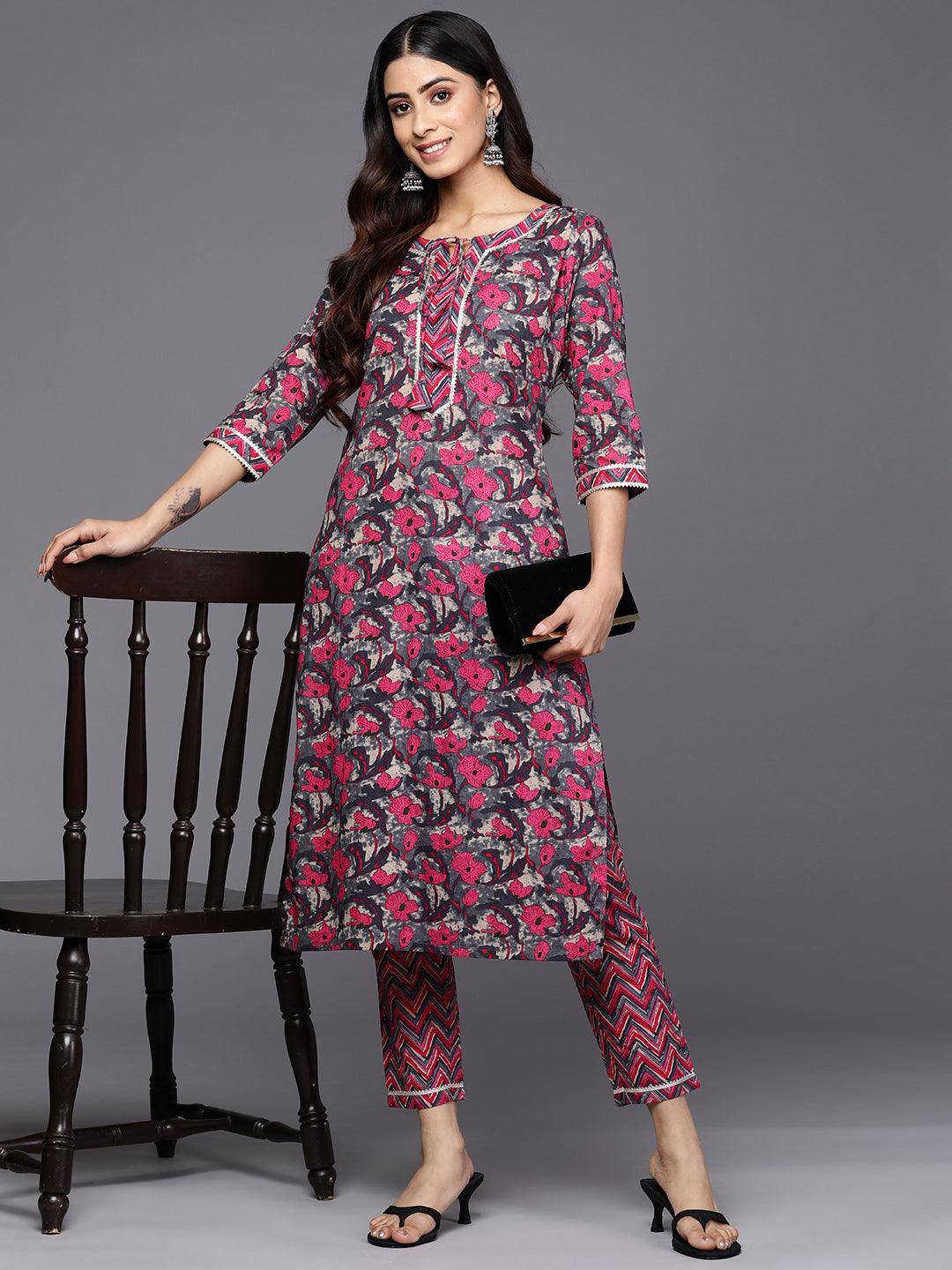 Grey Printed Cotton Straight Kurta Set With Trousers - Libas 