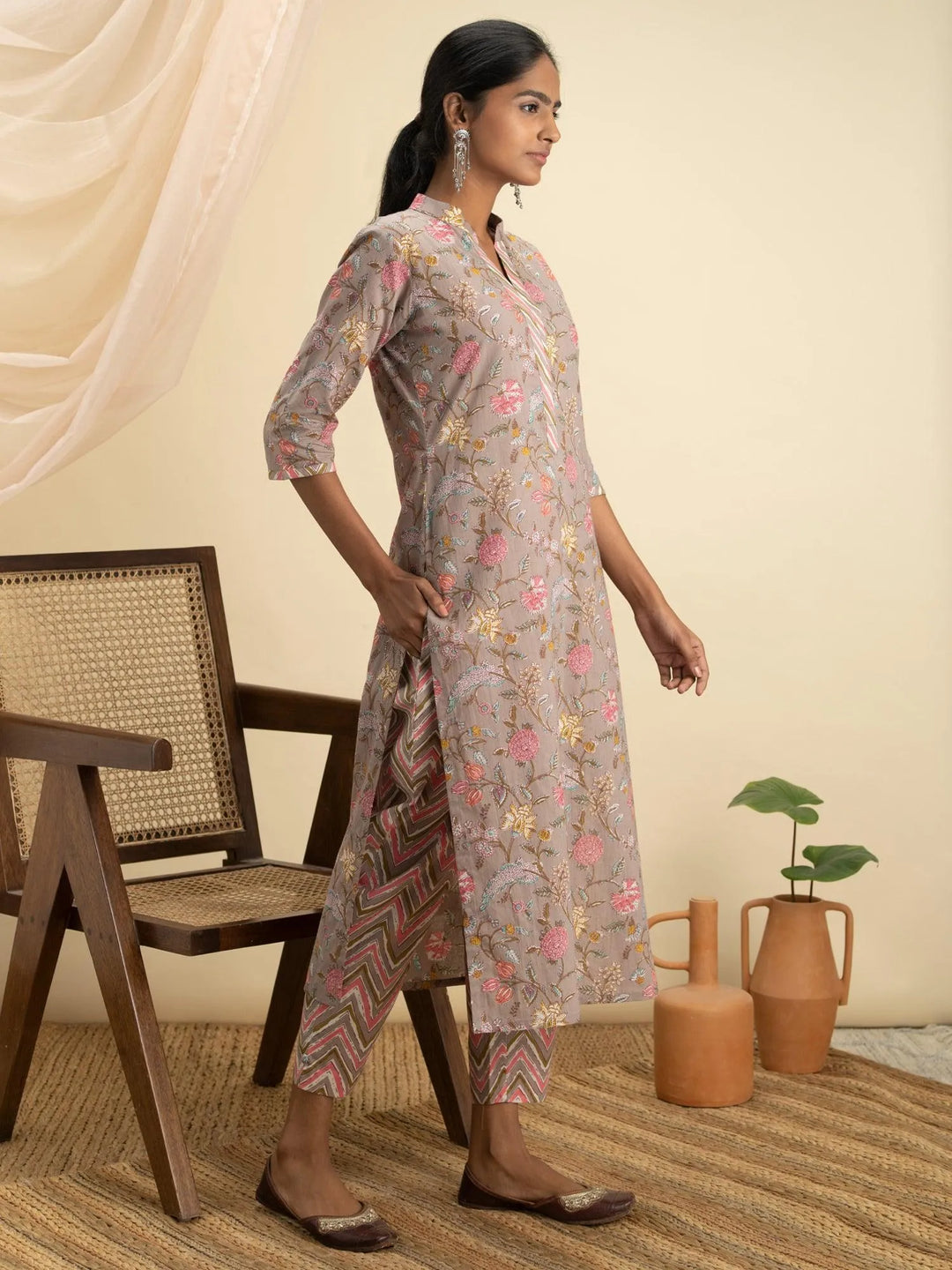 Grey Printed Cotton Kurta Set - Libas 