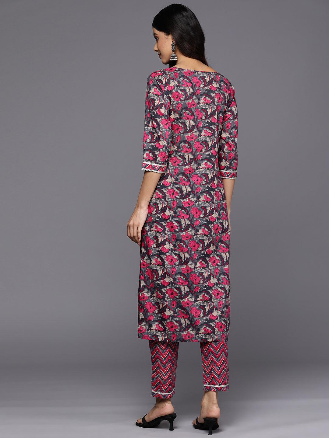 Grey Printed Cotton Straight Kurta Set With Trousers - Libas 