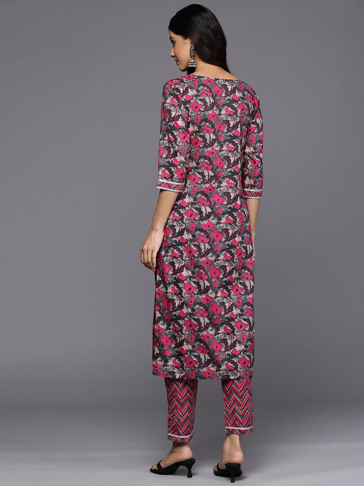 Grey Printed Cotton Straight Kurta Set With Trousers - Libas