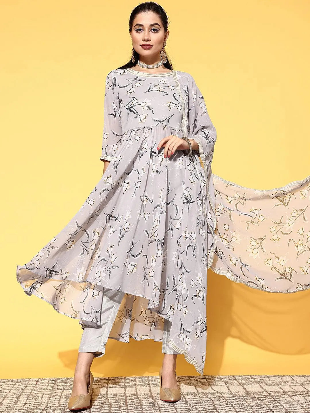 Grey Printed Georgette Anarkali Suit Set - Libas 