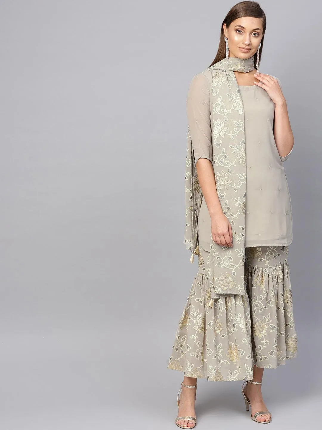 Grey Printed Georgette Suit Set - Libas 