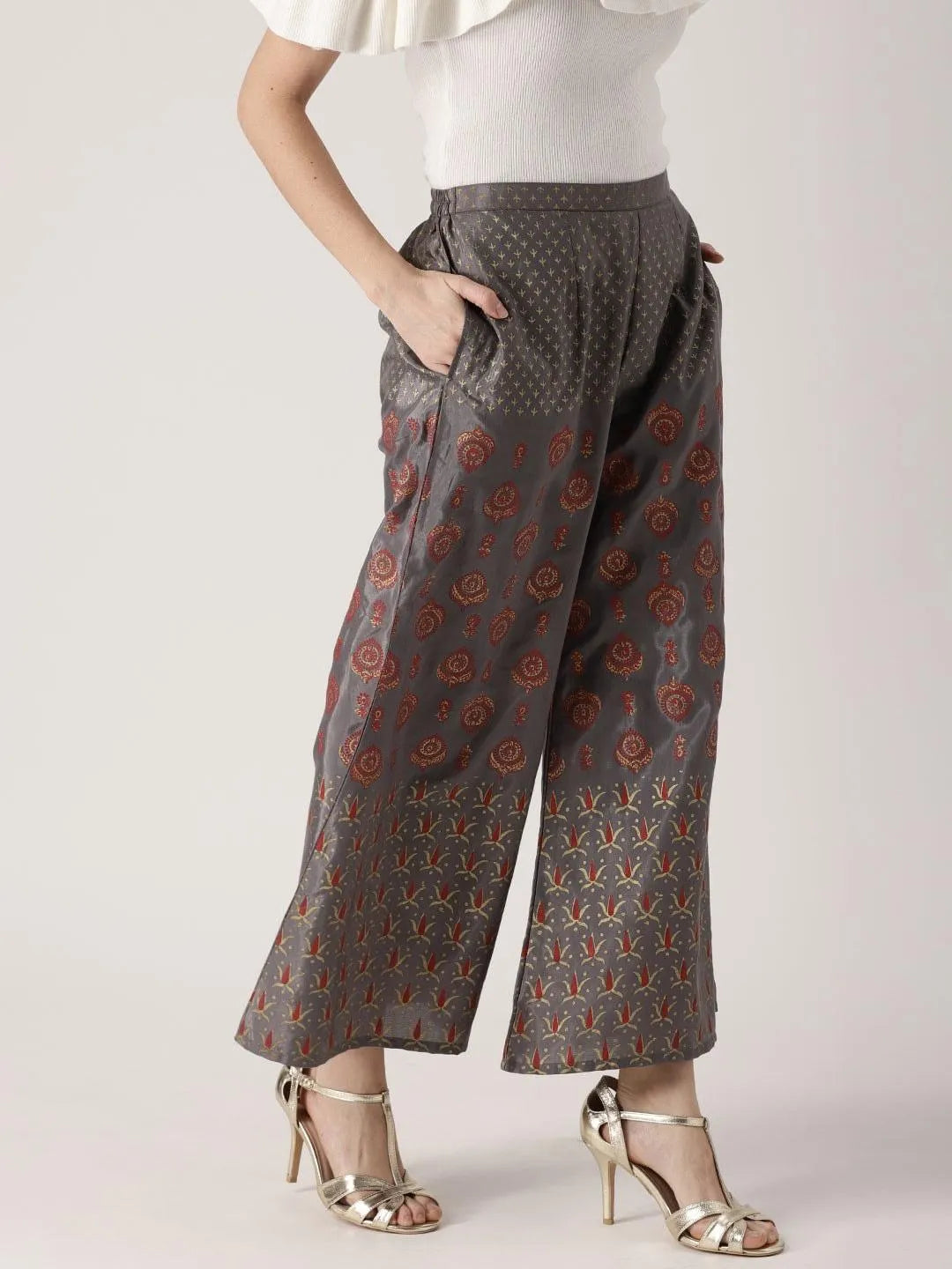 Grey Printed Polyester Palazzos - Libas