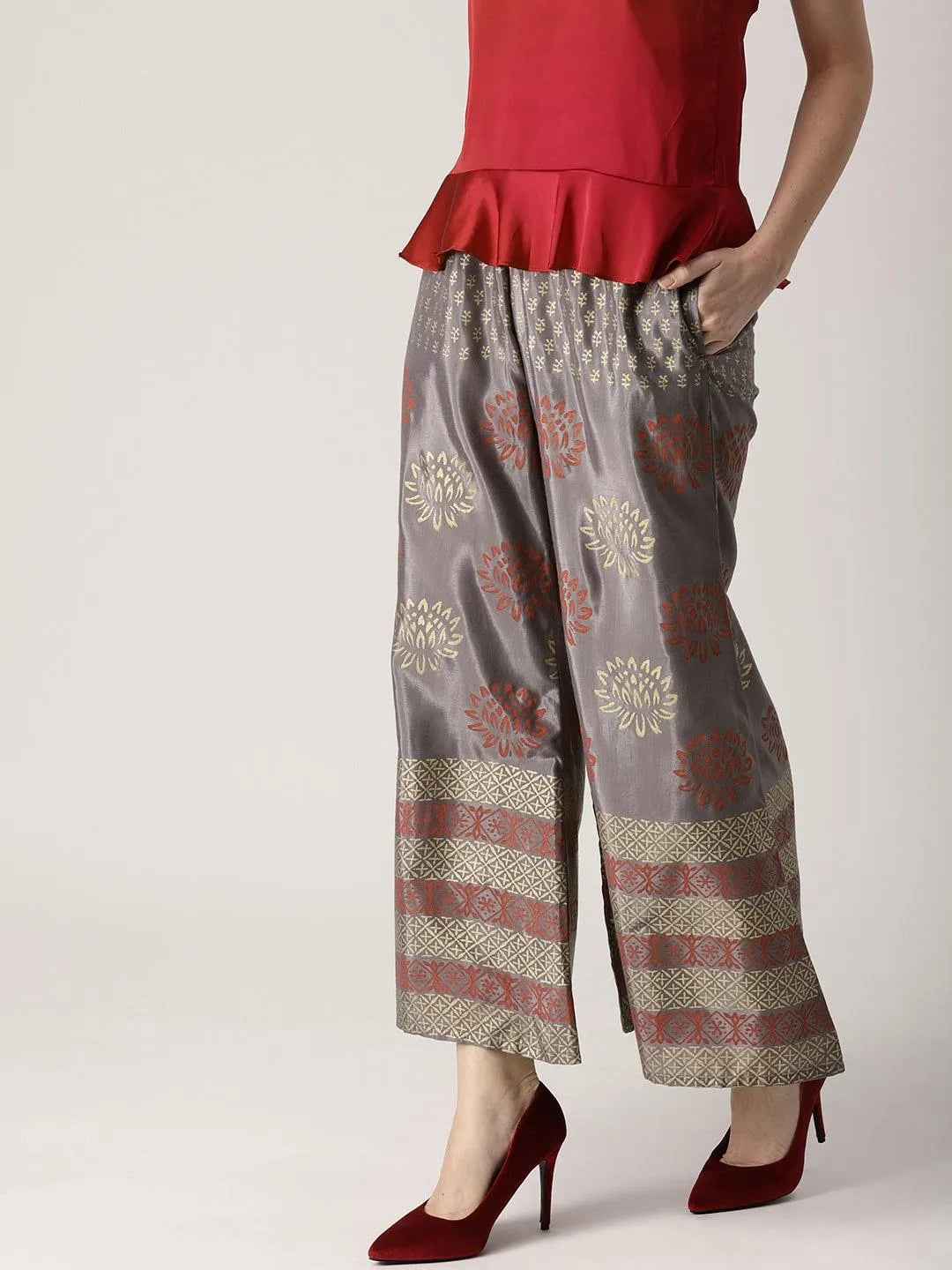 Grey Printed Polyester Palazzos - Libas