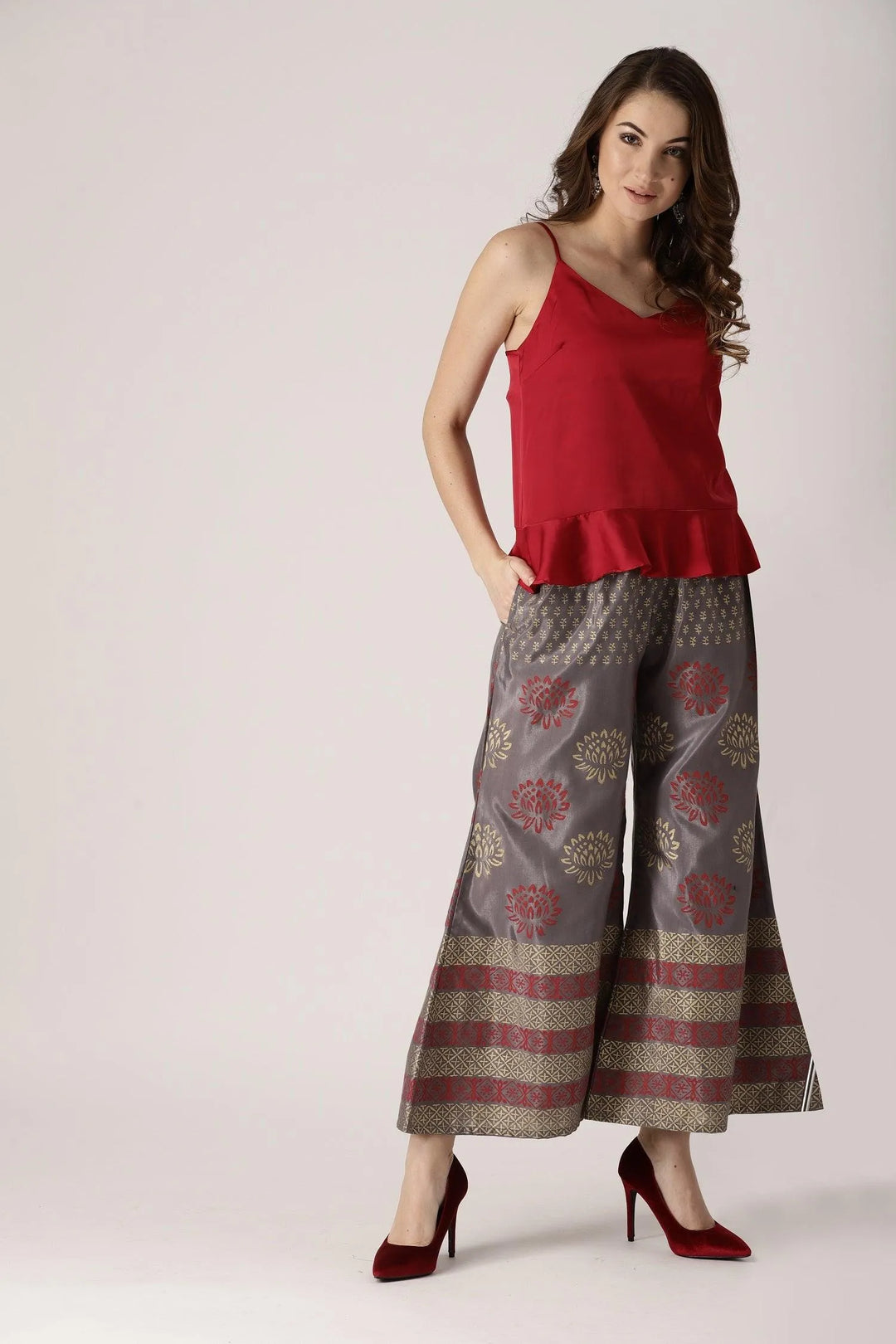 Grey Printed Polyester Palazzos - Libas