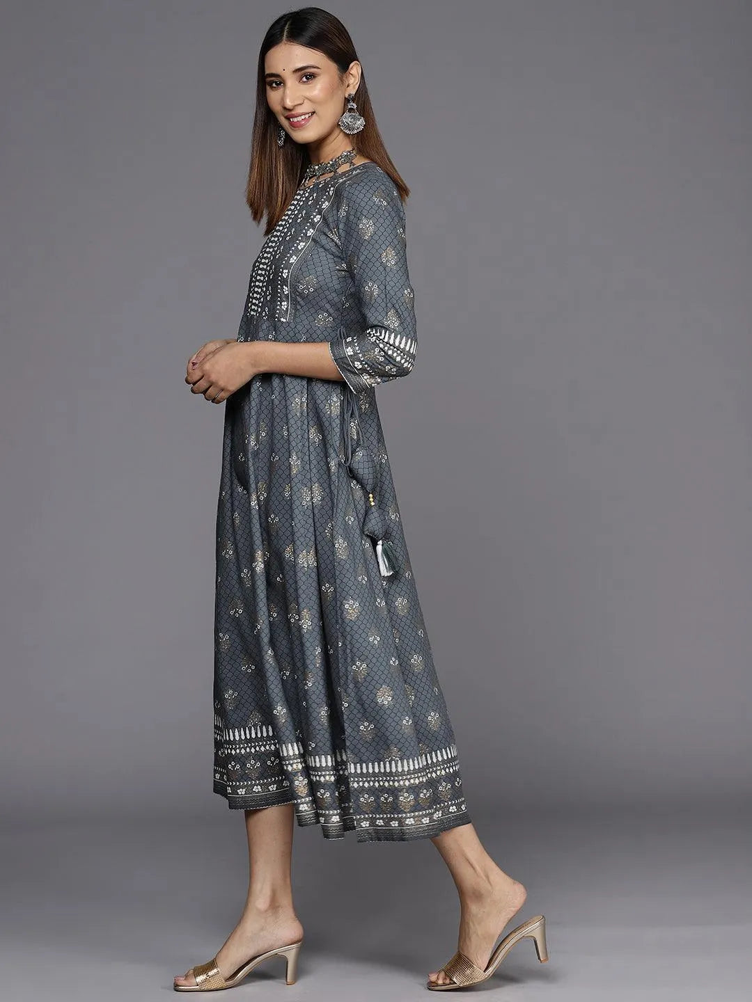 Grey Printed Rayon A-Line Dress - Libas 