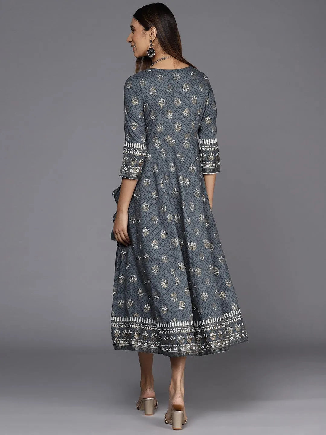 Grey Printed Rayon A-Line Dress - Libas 