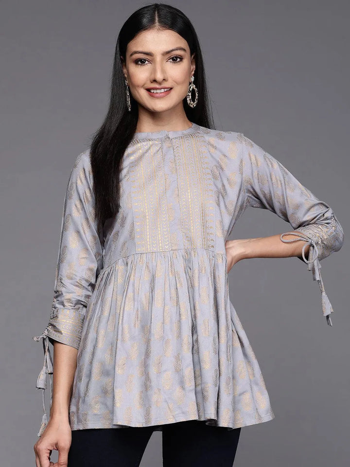 Grey Printed Rayon A-Line Kurti - Libas