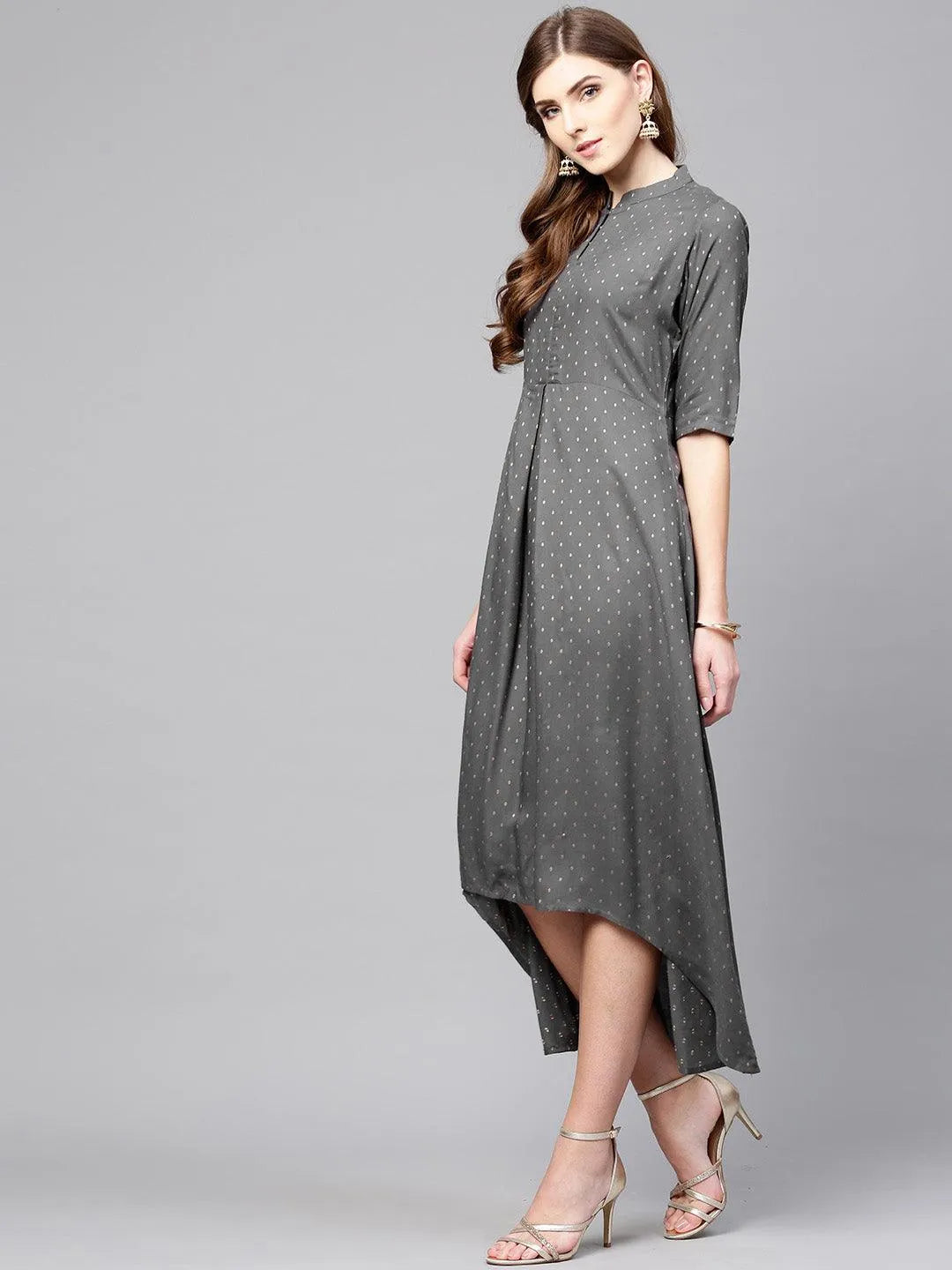 Grey Printed Rayon Dress - Libas 