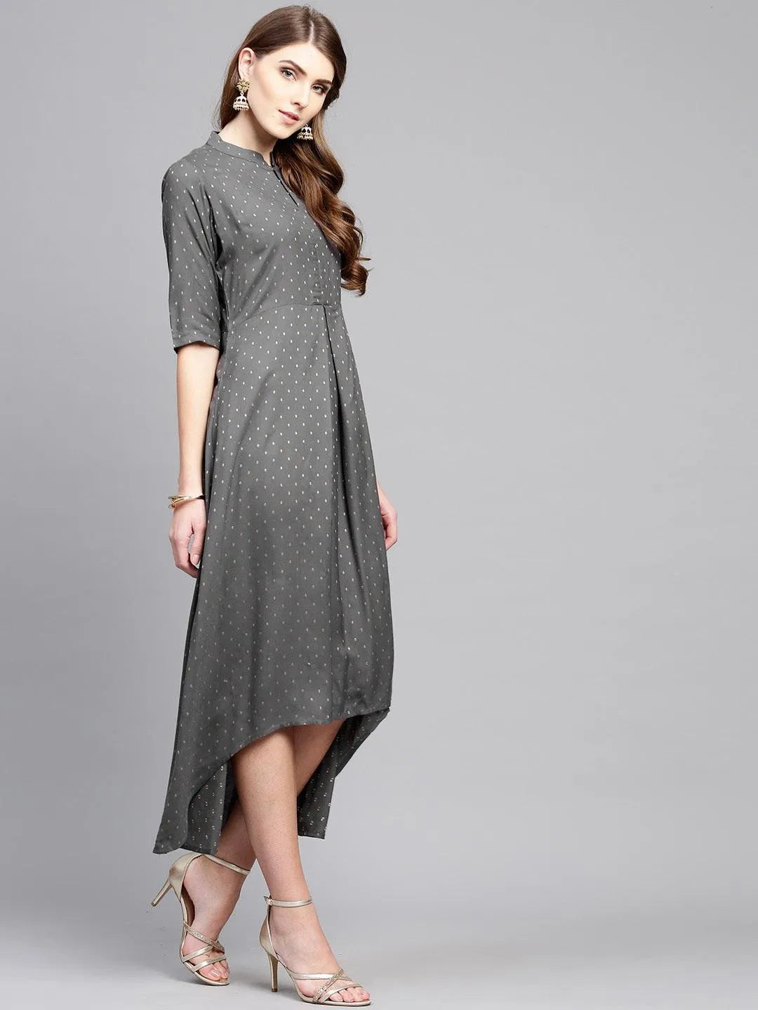 Grey Printed Rayon Dress - Libas 