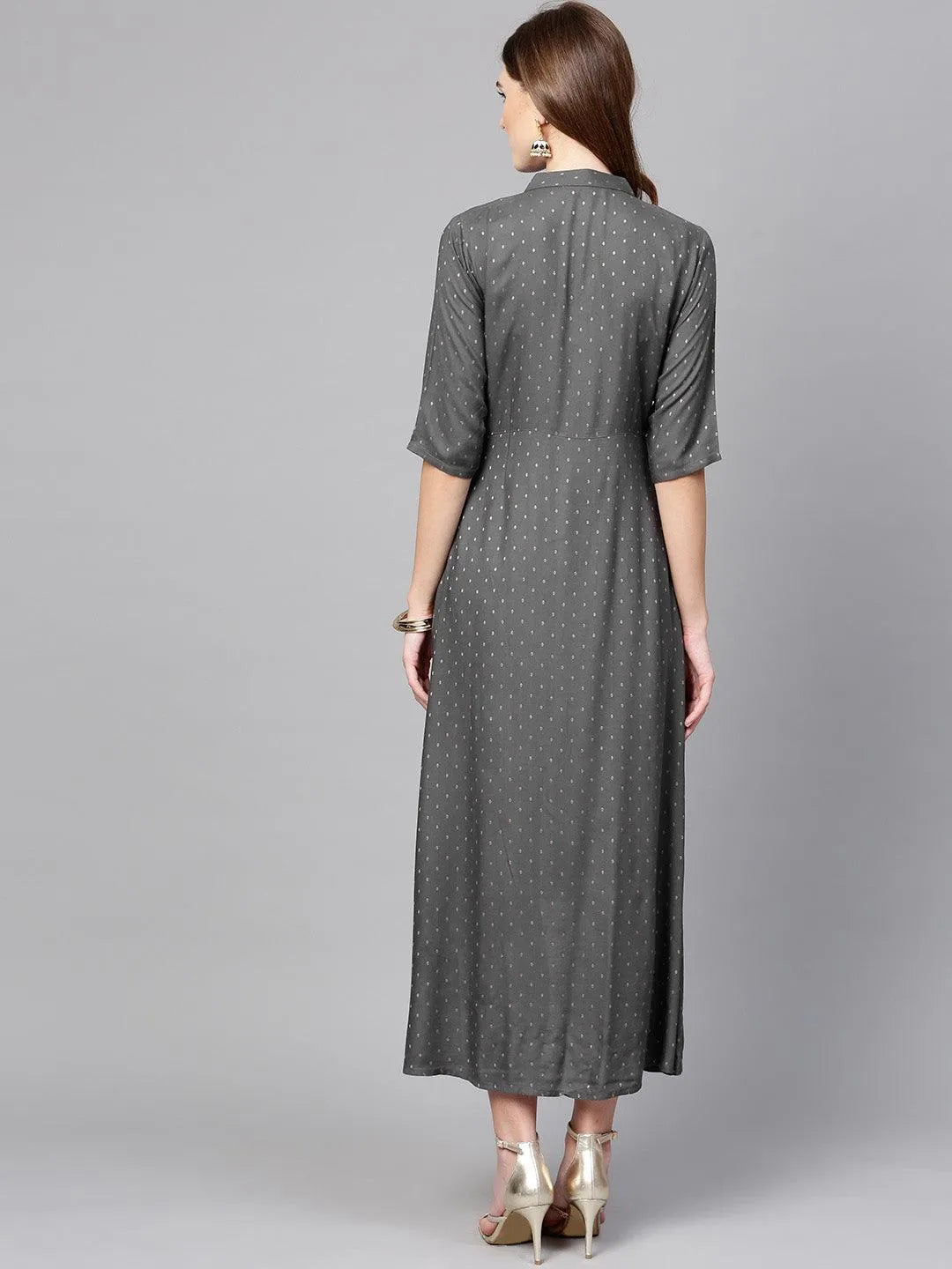 Grey Printed Rayon Dress - Libas 